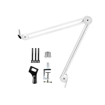 Desktop Microphone Stand for Everyday Home Recordings showing white adjustable boom arm, clamp, mic clip and accessories for podcasting and streaming