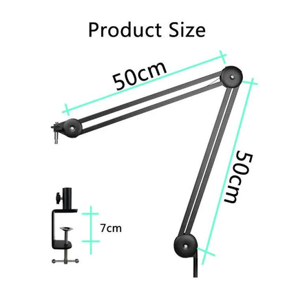 Desktop Microphone Stand for Everyday Home Recordings showing 50cm adjustable arm and 7cm clamp dimensions