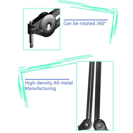 Desktop Microphone Stand for Everyday Home Recordings showing 360° rotatable joints and high-density all-metal construction for stable home recording setups