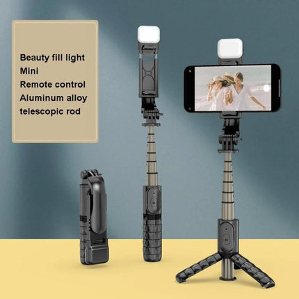 Compact Selfie Stick for Capturing Daily Outings and Events with mini fill light, remote, telescopic aluminum rod, tripod and phone mount