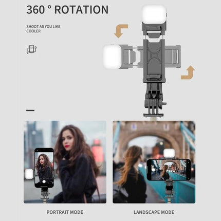 Compact Selfie Stick for Capturing Daily Outings and Events showing 360° rotation, portrait and landscape modes with phone mounted and LED light