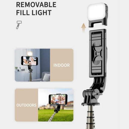 Compact Selfie Stick for Capturing Daily Outings and Events with removable fill light for indoor and outdoors use