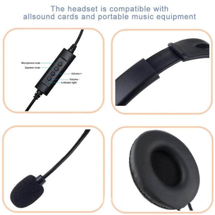 Wired Headset With Headband And Microphone For Calls And Meetings showing inline controls, adjustable headband, foam mic and cushioned ear pad