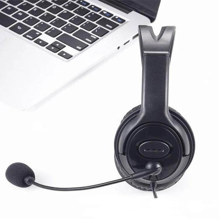 Wired Headset With Headband And Microphone For Calls And Meetings lightweight black headset with boom mic by laptop