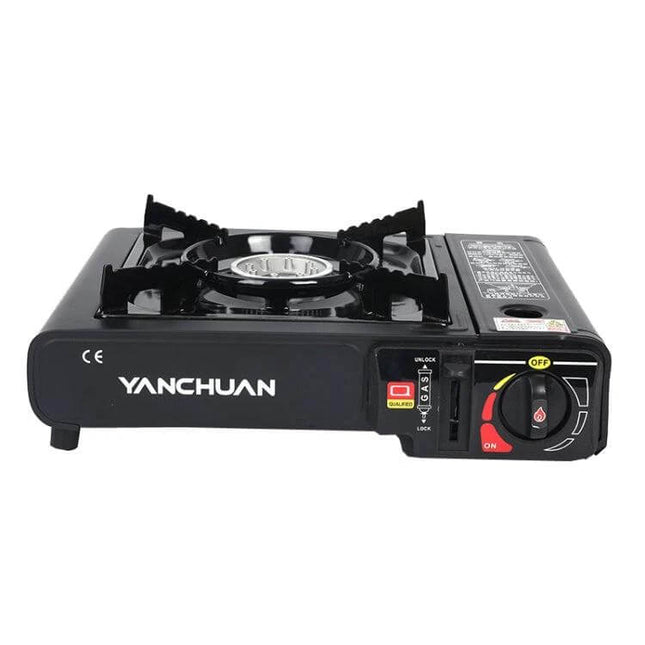 Outdoor Portable Gas Stove, Dual-Use for Gas Tank or Bottle - black portable 2.9 kW camping stove with control knob and single burner