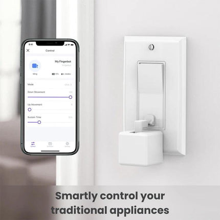 Fingerbot-01 Bluetooth Device for Automated Button Pressing attached to a wall switch with mobile app control