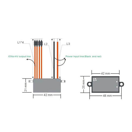 Anion Air Purifier Module Negative Ion Generator For Home Use compact module diagram with wiring, dimensions 42x25mm and IONs-HV output lines