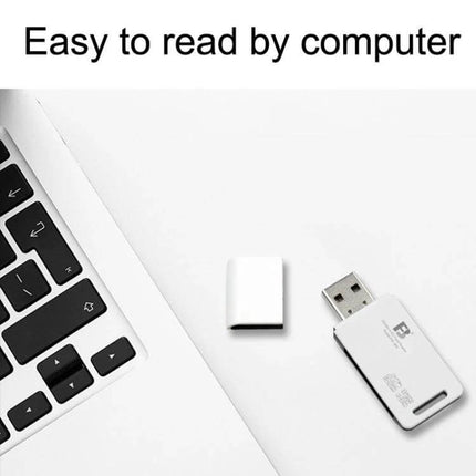 FB 2 in 1 USB Card Reader for SD and TF Memory Cards, Black and White - compact USB SD/TF card reader beside laptop, easy file transfer