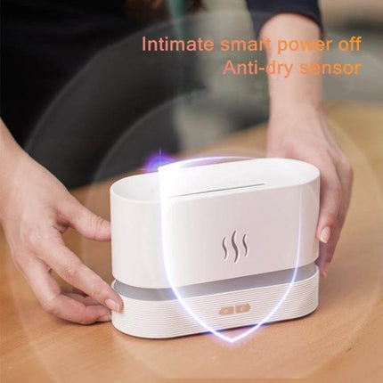 Flame Aroma Diffuser Night Light Humidifier White For Home Use on nightstand with simulated flame light and anti-dry sensor, 180ml tank