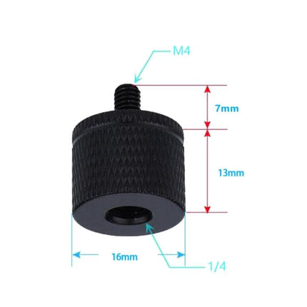 Aluminum Alloy Screw Adapters for Thread Connections - black knurled M4 to 1/4" adapter, 16mm diameter, 7mm+13mm height, rust-resistant