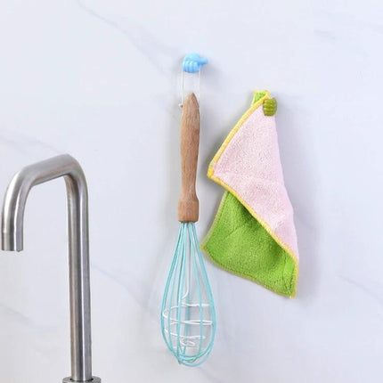 10 Pack Handy Cable Organizer Clips for Office Home and Car plastic wall-mounted hook holding whisk and cloth in kitchen near faucet, strong adhesive, 22x30 mm