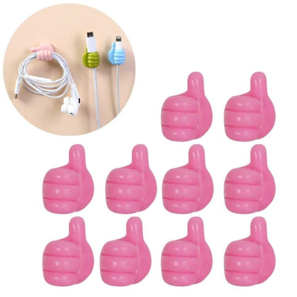 10 Pack Handy Cable Organizer Clips for Office Home and Car - pink thumb-shaped adhesive cable holders for earphones and charging cords, 22x30mm, easy install