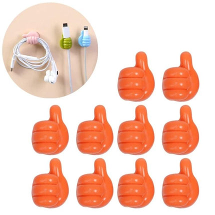 10 Pack Handy Cable Organizer Clips for Office Home and Car - Orange thumb-shaped adhesive cable holders for earphones and charging cords