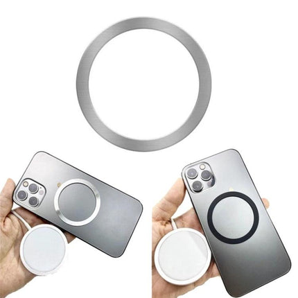 Magnetic Ring Back Sticker for Wireless Phone Charging - silver alignment ring showing phone and wireless charger connection