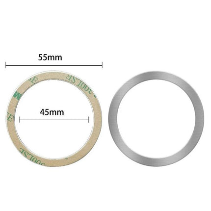 Magnetic Ring Back Sticker for Wireless Phone Charging showing 55mm outer and 45mm inner diameter metal ring and adhesive backing