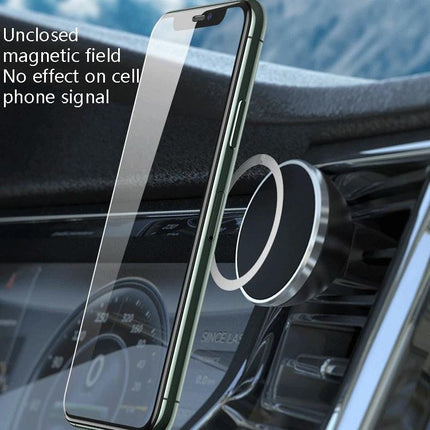 Magnetic Ring Back Sticker for Wireless Phone Charging shown on phone and car vent magnetic mount, aligns for secure wireless charging