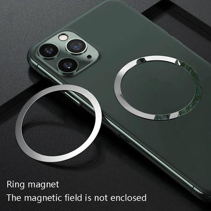 Magnetic Ring Back Sticker for Wireless Phone Charging on green smartphone showing metal ring alignment for MagSafe-style wireless charging