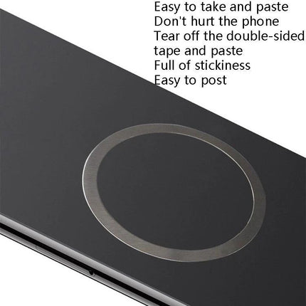 Magnetic Ring Back Sticker for Wireless Phone Charging on black phone showing adhesive ring for easy magnetic wireless alignment