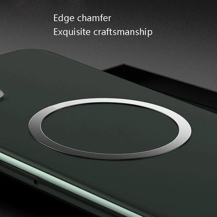 Magnetic Ring Back Sticker for Wireless Phone Charging on matte phone back showcasing edge chamfer and precise magnetic alignment
