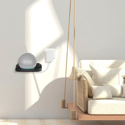 Echo Dot Wall Mount For Space Saving Cord Tidy In Kitchen Or Office mounted on wall shelf beside sofa keeping cords hidden and tidy
