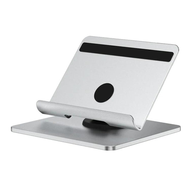 Portable Folding Bracket for Tablets and Laptops with Stable Support in silver aluminum with silicone pads for travel and home use