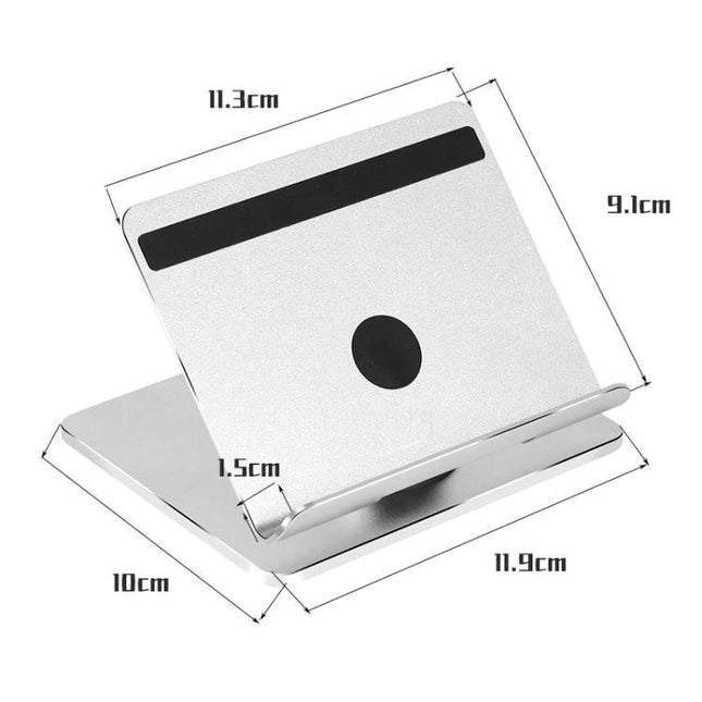 Portable Folding Bracket for Tablets and Laptops with Stable Support compact aluminum alloy foldable stand with silicone pads and dimensions shown