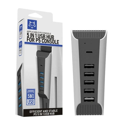 Essential USB Hub for Daily PS5 Setup and Device Connections - vertical 5-in-1 hub with four USB-A ports and one Type-C, gray and white