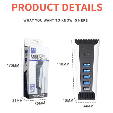 Essential USB Hub for Daily PS5 Setup and Device Connections – compact 5-in-1 hub showing dimensions and 4x USB-A plus 1x USB-C ports