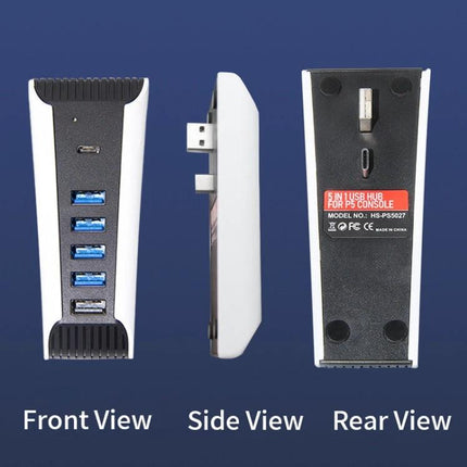 Essential USB Hub for Daily PS5 Setup and Device Connections - front side rear views showing four USB-A and one Type-C ports, compact PS5 dongle