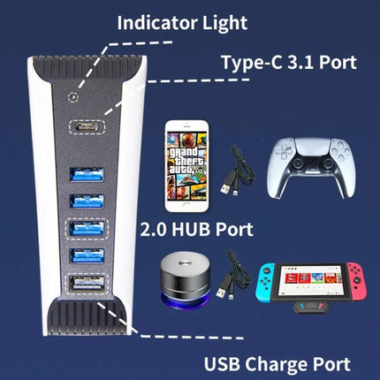 Essential USB Hub for Daily PS5 Setup and Device Connections - vertical hub with Type-C, four USB 2.0 ports, controller, phone and Switch hookups