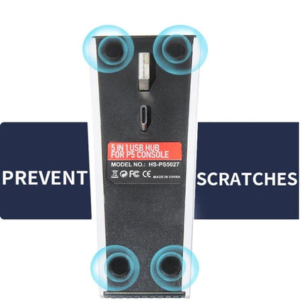 Essential USB Hub for Daily PS5 Setup and Device Connections - vertical 5‑in‑1 hub showing underside rubber feet to prevent scratches and protect console