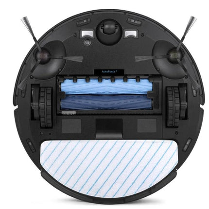 Ecovacs Deebot T9 AIVI Replacement Kit with Brushes and Filters showing underside with side brushes, roller brush and microfiber pad for T9 AIVI maintenance