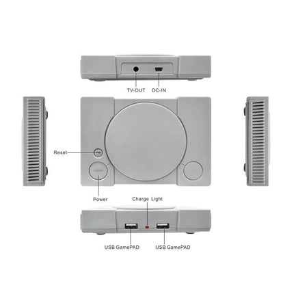 Retro 8-Bit TV Game Console with 620 Built-in Games for Two Players - gray console front/back/top views with labeled TV-OUT DC-IN USB GamePAD ports
