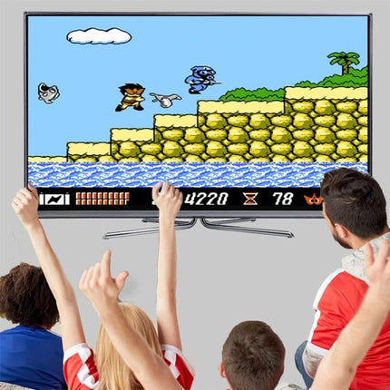 Retro 8-Bit TV Game Console with 620 Built-in Games for Two Players showing kids playing classic side-scrolling game on TV with two-player excitement
