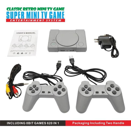 Retro 8-Bit TV Game Console with 620 Built-in Games for Two Players showing console, two wired controllers, AV cable, power adapter and manual