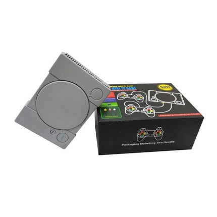 Retro 8-Bit TV Game Console with 620 Built-in Games for Two Players compact grey unit with two controllers and retail box