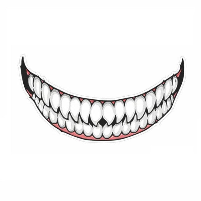 Motorcycle Helmet Decorative Stickers with Teeth Designs - white grinning teeth decal on curved black background for helmets and gear