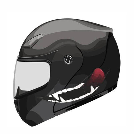 Motorcycle Helmet Decorative Stickers with Teeth Designs black full-face helmet showing white teeth decal and red accent, durable PET weatherproof sticker