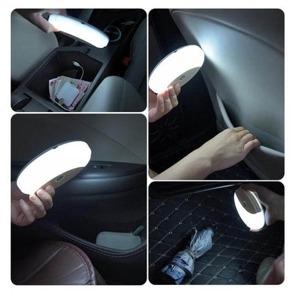 Car Reading Led Trunk Light Dual Color With Magnetic Mount handheld in-car shots showing white/blue LED, USB rechargeable, magnetic mount for trunk and cargo lighting