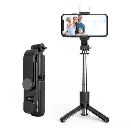 CYKE Bluetooth Selfie Stick for Travel and Daily Photos showing extended tripod and folded compact view with smartphone mounted