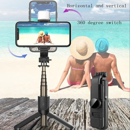 CYKE Bluetooth Selfie Stick for Travel and Daily Photos showing beach couple, tripod setup, 360° horizontal and vertical phone mount