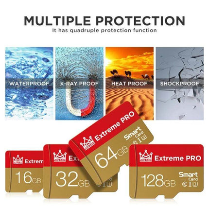 King Card Micro SD Memory Card for Phones and Cameras, Various Capacities - 16GB to 256GB Extreme PRO cards showing waterproof, X-ray proof, heatproof, shockproof protections