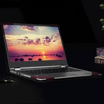Protective PU Leather Case for HP Spectre X360 Laptops, 13.3 and 15.6 Inch Models - open laptop sleeve showing sunset screen, airflow and secure grip protection