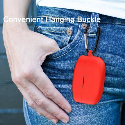 Silicone Case Keeps Everyday Earphones Safe and Handy - red flip silicone earphone case with hanging buckle clipped to jeans pocket