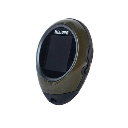 Compact GPS Locator and Compass for Outdoor Navigation and Climbing — olive compact MiniGPS device showing display and side buttons