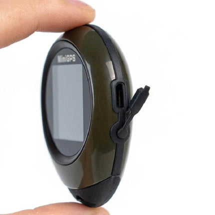 Compact GPS Locator and Compass for Outdoor Navigation and Climbing handheld olive-green device showing side port and small display