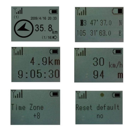 Compact GPS Locator and Compass for Outdoor Navigation and Climbing showing screen readouts: distance, coordinates, speed, time zone, and reset option