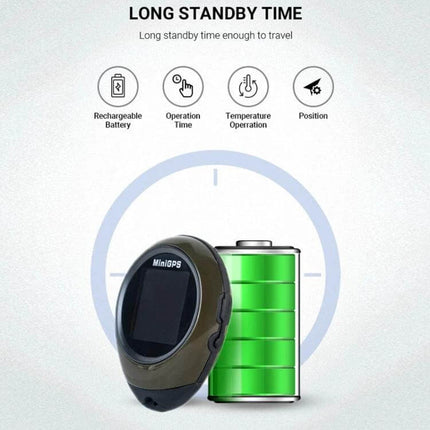 Compact GPS Locator and Compass for Outdoor Navigation and Climbing showing device with long standby battery icon and green battery graphic