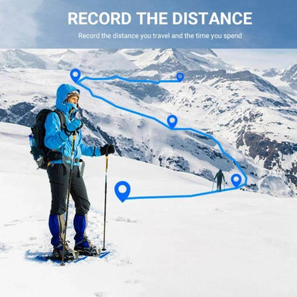 Compact GPS Locator and Compass for Outdoor Navigation and Climbing showing skier in snow with plotted route and distance markers