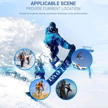 Compact GPS Locator and Compass for Outdoor Navigation and Climbing showing snowboarder and climber using device to provide coordinates and distance